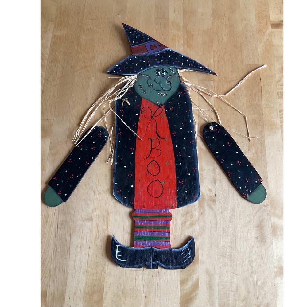 Vintage Halloween Wooden Witch Wall Hanging Hand Painted Boo Folk Art 23 Inch